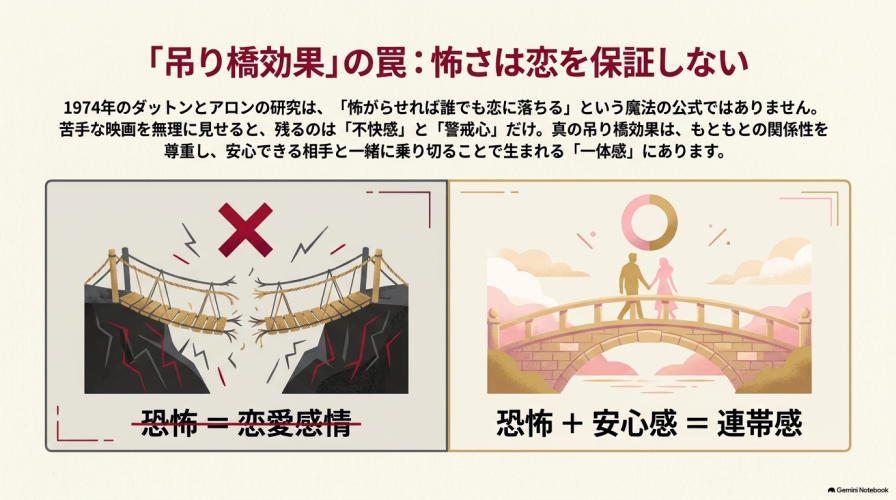 吊り橋効果の解説図。恐怖イコール恋愛感情ではなく、恐怖と安心感が合わさることで連帯感が生まれることを表したイラスト