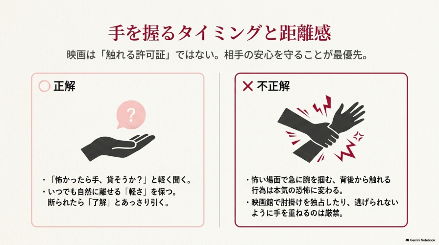 手を握る際の正解(軽く手を貸す)と不正解(急に腕を掴む)の具体例を示したイラスト