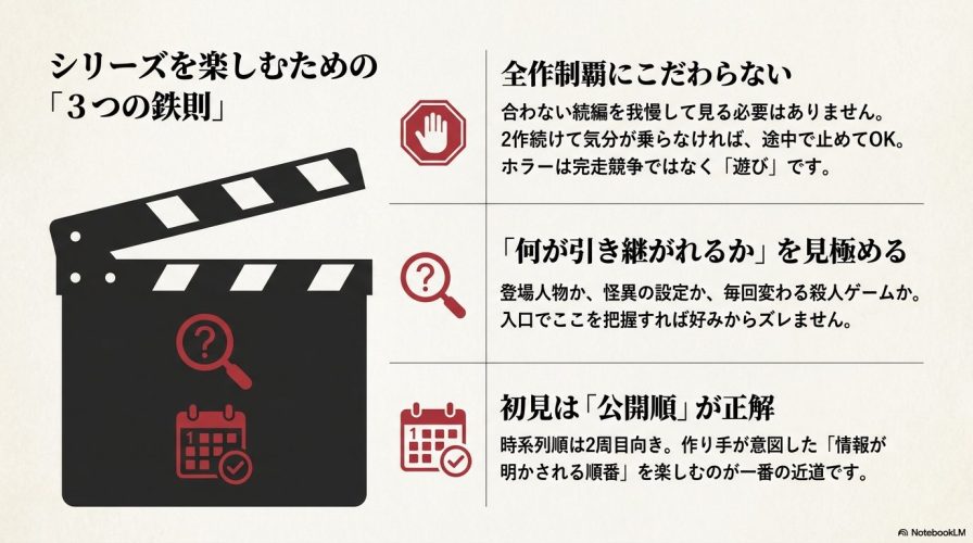 「全作制覇にこだわらない」「何が引き継がれるかを見極める」「初見は公開順」という、ホラー映画シリーズを楽しむための3つの鉄則をまとめたスライド画像