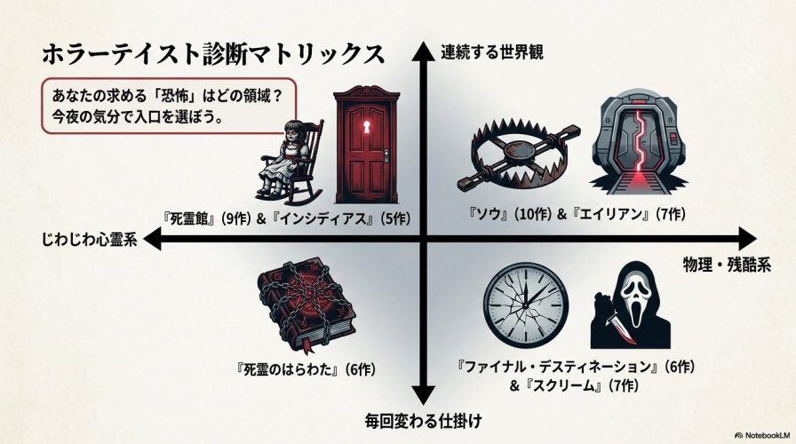 ホラー映画シリーズを「連続する世界観 / 毎回変わる仕掛け」「じわじわ心霊系 / 物理・残酷系」の軸で分類したマトリックス図のスライド画像