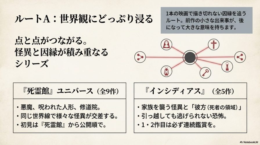 『死霊館』ユニバースや『インシディアス』など、怪異と因縁が積み重なるシリーズの魅力を解説したスライド画像