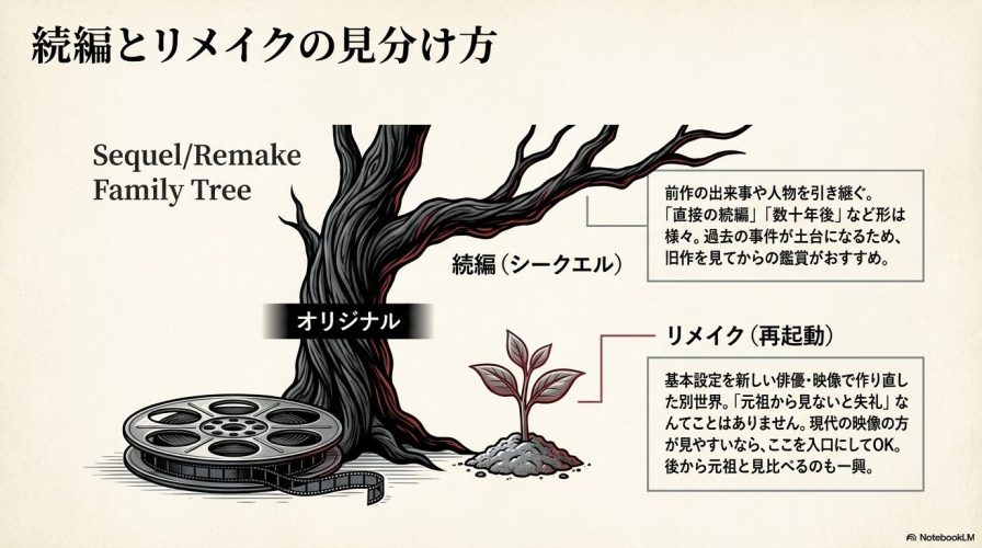 前作を引き継ぐ「続編」と、基本設定を基に別世界として作り直す「リメイク」の違いを解説したスライド画像