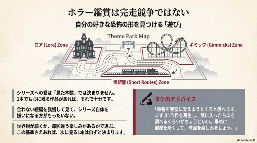シリーズの選び方の基準と、気楽なホラー鑑賞に向けたワンポイントアドバイスをテーマパークのマップ風にまとめた総括スライド画像