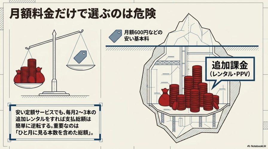天秤のイラストで、追加課金を含む総額と安い基本料を比較し「月額料金だけで選ぶのは危険」と説明しているスライド