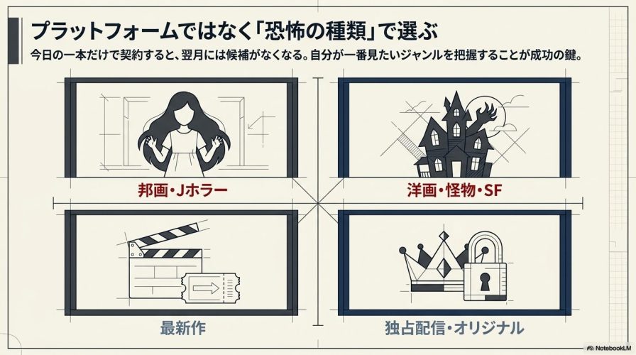 邦画・Jホラー、洋画・怪物・SF、最新作、独占配信・オリジナルの4つのジャンルに分けた「プラットフォームではなく恐怖の種類で選ぶ」という図解スライド