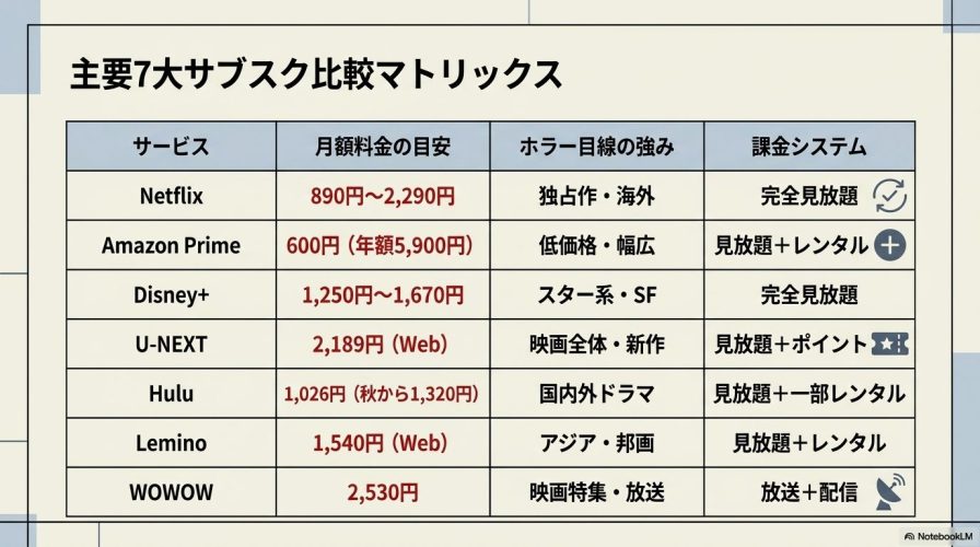 Netflix、Amazon Prime、Disney+、U-NEXT、Hulu、Lemino、WOWOWの7大サブスクの月額料金、ホラー目線の強み、課金システムを比較したマトリックス表のスライド