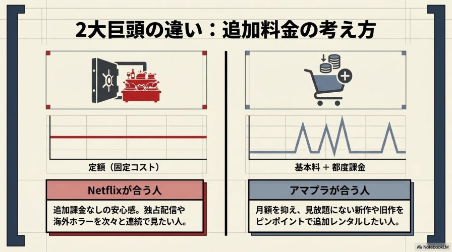 Netflixは「定額」、Amazonプライムは「基本料+都度課金」として、追加料金の考え方の違いを解説したスライド