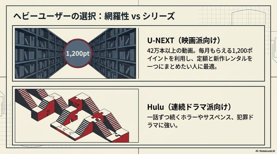 U-NEXTを映画派向け、Huluを連続ドラマ派向けとして特徴を比較した「ヘビーユーザーの選択」というスライド