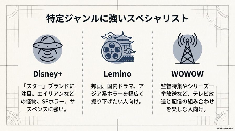 Disney+、Lemino、WOWOWを「特定ジャンルに強いスペシャリスト」として紹介しているスライド