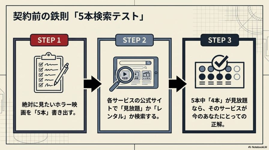 加入前に絶対に見たいホラー映画を5本検索し、見放題の割合を確認する「5本検索テスト」の手順を解説したスライド