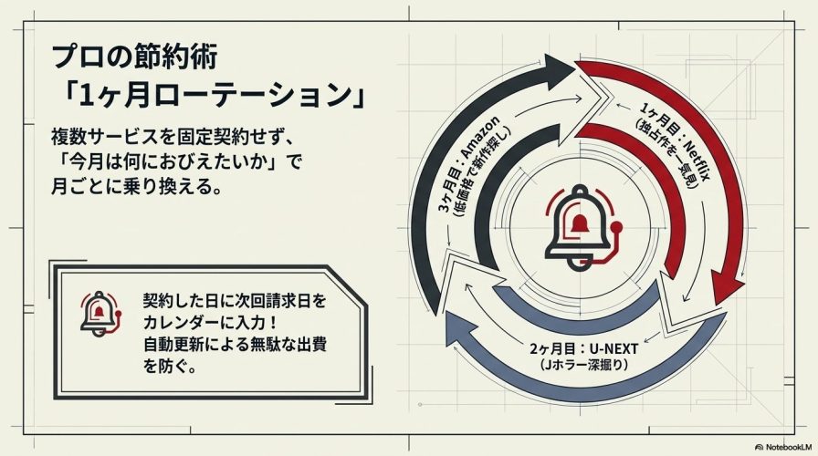 月ごとにNetflix、U-NEXT、Amazonとサービスを乗り換える「1ヶ月ローテーション」の節約術を図解したスライド