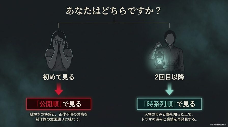 初めて見る人向けの「公開順」と、2回目以降の人向けの「時系列順」の楽しみ方を解説した図解