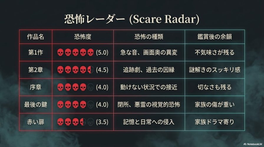 インシディアス全5作品の恐怖度、恐怖の種類、鑑賞後の余韻を比較・一覧化した表