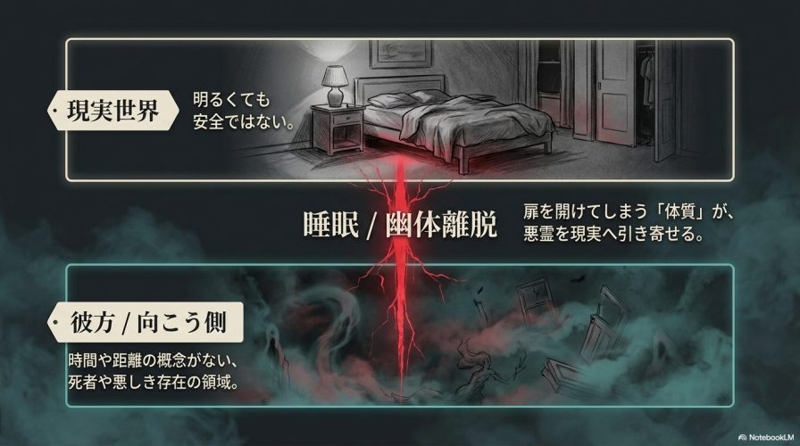 現実世界と、時間や距離の概念がない悪霊の領域「向こう側」の違いを解説する図
