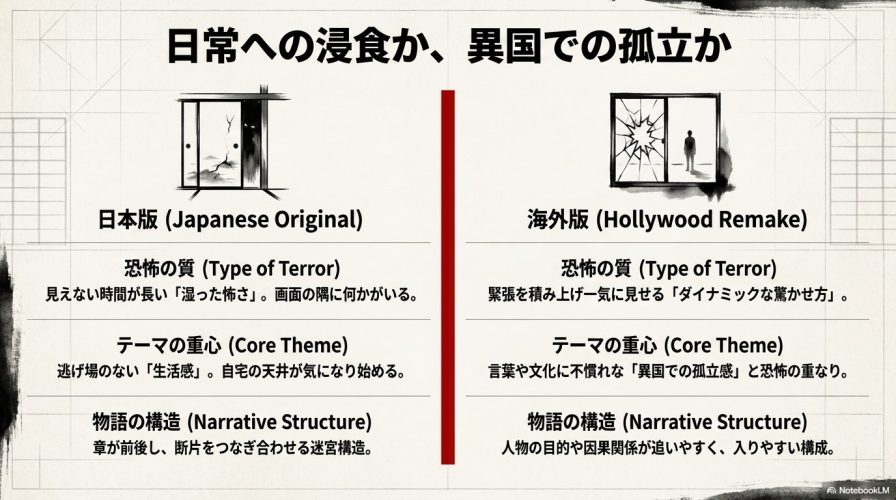 日本版の湿った怖さや生活感と、海外版のダイナミックな驚かせ方や異国での孤立感の違いを解説している
