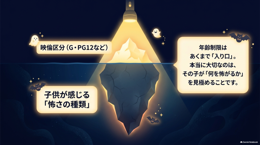 G(年齢制限なし)、PG12、R15+ / R18+の3つの映倫区分と、それぞれ子供と見る際の注意点(Gでも幼児向けとは限らないことなど)をまとめた解説図。 3. 「子供が感じる『怖さ