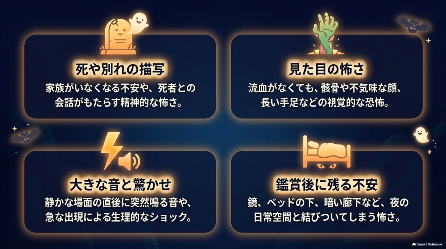 子供がホラー映画で感じる怖さの種類として、「死や別れの描写」「見た目の怖さ」「大きな音と驚かせ」「鑑賞後に残る不安」の4つを挙げた解説図。