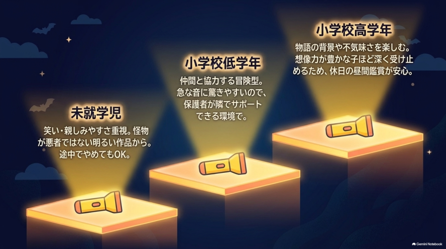 未就学児(笑い・親しみやすさ重視)、小学校低学年(冒険型・保護者のサポート)、小学校高学年(物語の背景や不気味さを楽しむ)の3つの年代別に、映画の選び方と注意点をまとめた図。