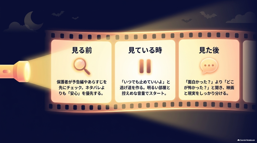映画を見る前(保護者の事前チェック)、見ている時(逃げ道を作る・明るい部屋)、見た後(映画と現実を分ける会話)の3つのステップで行うべき準備と対応をまとめた図。