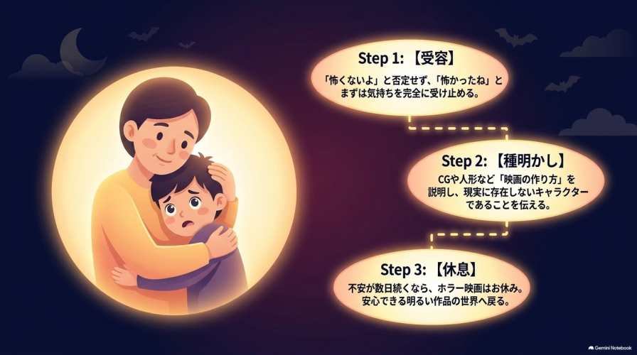 子供が怖がった際の対応として、Step1で気持ちを受容し、Step2で映画の作り方を種明かしし、Step3で不安が続くなら休息を取るという手順をまとめた図。