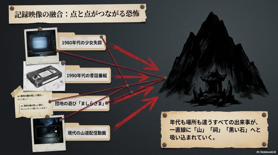 1980年代の少女失踪、1990年代の昔話番組、団地の遊びであるましらさま、現代の配信動画など、年代も場所も違う出来事が一直線に山や祠、黒い石へと吸い込まれていく様子を示す図解です。