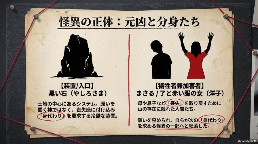土地の中心にあるシステムである黒い石(やしろさま)と、喪失を取り戻すために山の存在に触れ、次の身代わりを求める怪異の一部へ転落した犠牲者兼加害者(まさる、了、洋子)の関係性を示す図です。