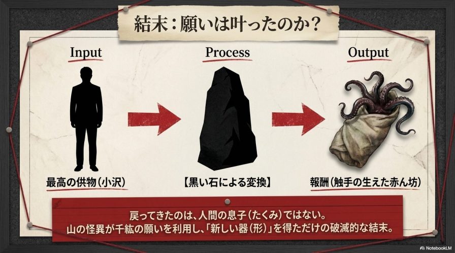 最高の供物である小沢が黒い石による変換プロセスを経て、触手の生えた赤ん坊という報酬に変わる図です。山の怪異が千紘の願いを利用し新しい器を得た破滅的な結末を示しています。