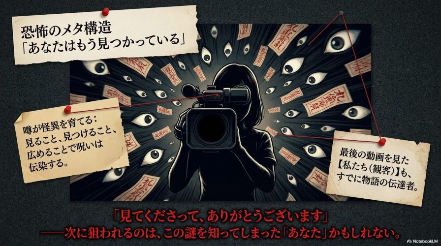 最後の動画を見た観客もすでに物語の伝達者であり、次に狙われるのは謎を知ってしまった「あなた」かもしれないという、呪いが伝染するメタ構造の解説です。