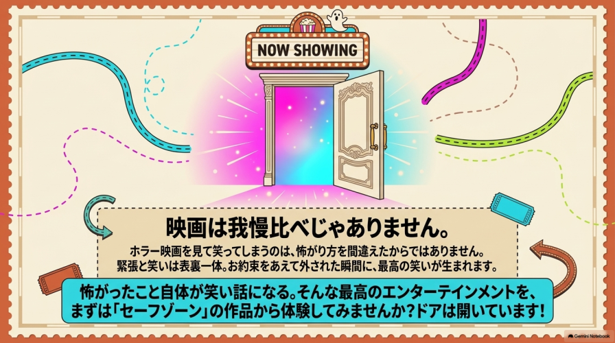 「映画は我慢比べじゃありません。」というメッセージ。怖がったこと自体が笑い話になるエンターテインメントとして、セーフゾーンの作品から体験を勧めるテキスト。