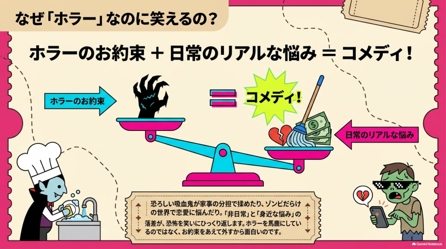 なぜ「ホラー」なのに笑えるの?ホラーのお約束に日常のリアルな悩みが合わさることでコメディになる仕組みの図解。