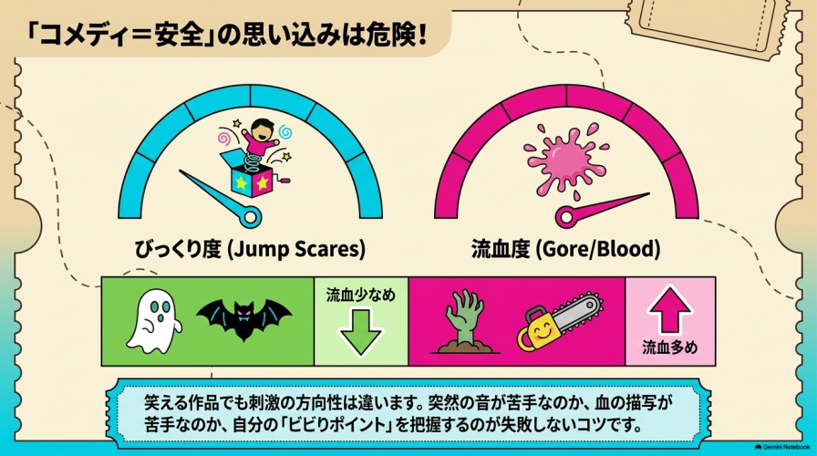 「コメディ=安全」の思い込みは危険!流血度とびっくり度のメーターイラスト。作品によって刺激の方向性が違うことを示す図。
