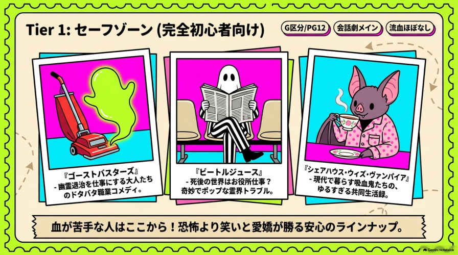 Tier 1 セーフゾーン(完全初心者向け)。流血がほぼなく会話劇メインの『ゴーストバスターズ』『ビートルジュース』『シェアハウス・ウィズ・ヴァンパイア』の紹介。