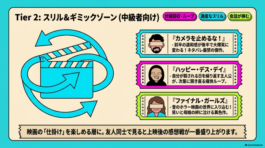 Tier 2 スリル&ギミックゾーン(中級者向け)。伏線回収やループを楽しめる『カメラを止めるな!』『ハッピー・デス・デイ』『ファイナル・ガールズ』の紹介。