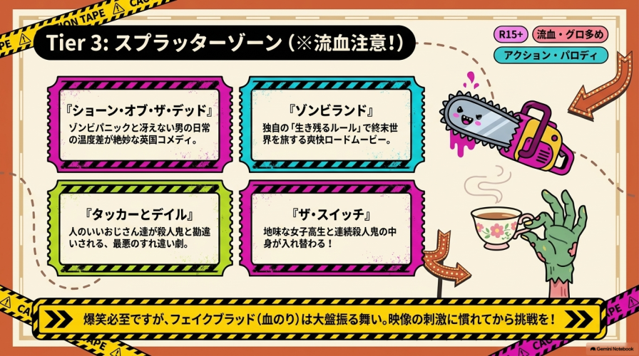 Tier 3 スプラッターゾーン(※流血注意!)。R15+などで流血・グロが多めの『ショーン・オブ・ザ・デッド』『ゾンビランド』『タッカーとデイル』『ザ・スイッチ』の紹介。