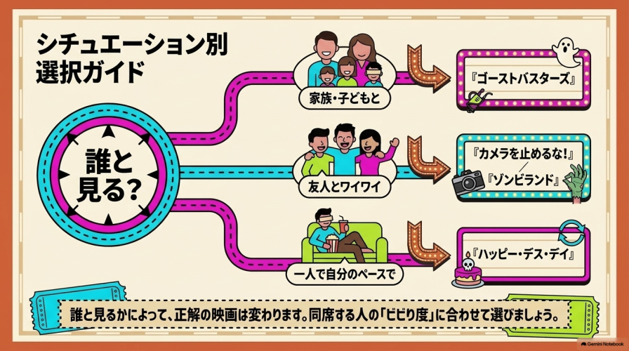 シチュエーション別選択ガイド。家族・子どもと、友人とワイワイ、一人で自分のペースで、など誰と見るかに合わせたおすすめ作品の分類図。