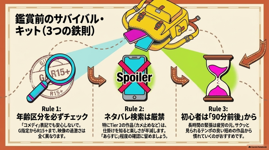 鑑賞前のサバイバル・キット(3つの鉄則)。1.年齢区分を必ずチェック、2.ネタバレ検索は厳禁、3.初心者は「90分前後」から。