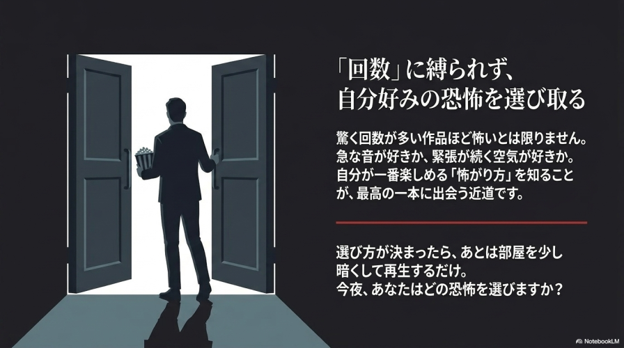 回数に縛られず自分好みの恐怖を選び取ることの重要性と、部屋を少し暗くして再生を促すメッセージが書かれたまとめのスライド。