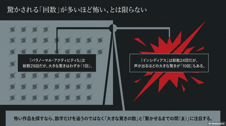 「驚かされる『回数』が多いほど怖い、とは限らない」というメッセージ。「パラノーマル・アクティビティ5」と「インシディアス」の総数と大きな驚きの数を比較し、驚かせるまでの間が重要であることを説明するスライド。