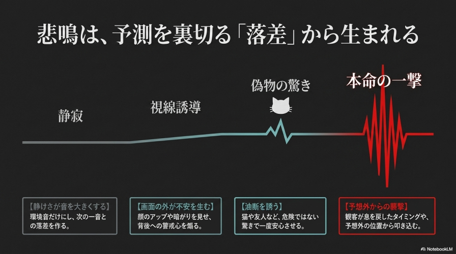 悲鳴は予測を裏切る落差から生まれるとして、「静けさが音を大きくする」「画面の外が不安を生む」「油断を誘う」「予想外からの襲撃」の4つの仕組みを図解したスライド。 