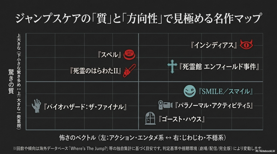 縦軸に驚きの質（大きな一発重視か小さな驚き多めか）、横軸に怖さのベクトル（アクション・エンタメ系かじわじわ・不穏系か）をとり、紹介するホラー映画をマッピングした分布図。