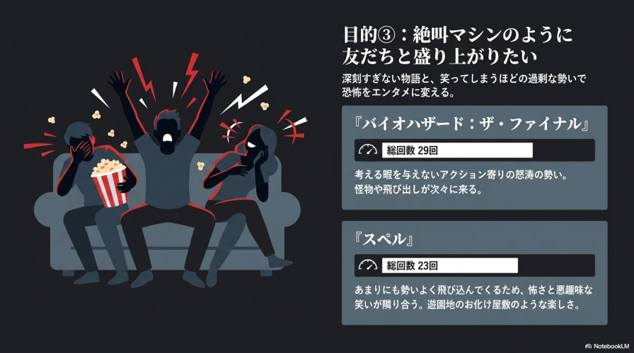 絶叫マシンのように友だちと盛り上がりたい人向けに、勢いのある『バイオハザード：ザ・ファイナル』と『スペル』をおすすめするスライド。