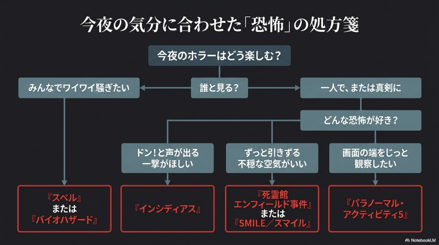 「誰と見る？」「どんな恐怖が好き？」という質問から、今夜の気分に合うホラー映画を導き出すフローチャート。