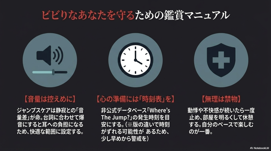 ビビりな人を守るための鑑賞マニュアルとして、「音量は控えめに」「心の準備には時刻表を」「無理は禁物」の3点をまとめたスライド。