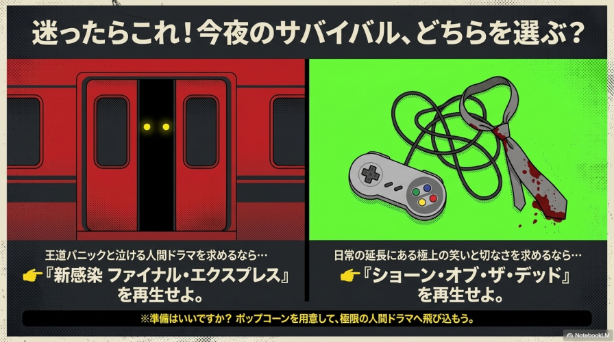 王道パニックの「新感染」と日常コメディの「ショーン・オブ・ザ・デッド」の2択を提示し、視聴を促すスライド