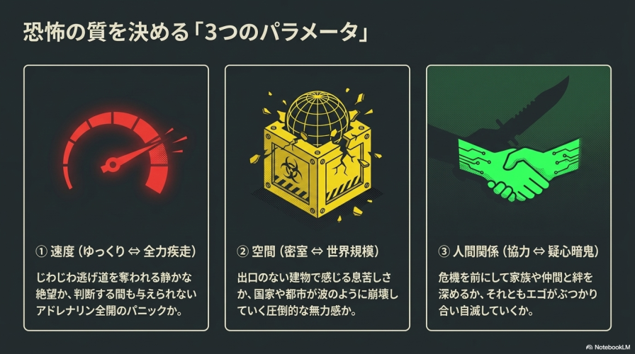 ゾンビ映画の恐怖の質を決める「速度」「空間」「人間関係」の3つの要素を図解したスライド