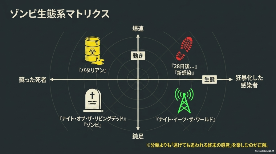 ゾンビの生態を「蘇った死者と狂暴化した感染者」「爆速と鈍足」の2軸で分類したマトリクス図