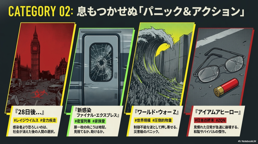 28日後...、新感染、ワールド・ウォー Z、アイアムアヒーローのパニック＆アクション4作品の紹介スライド