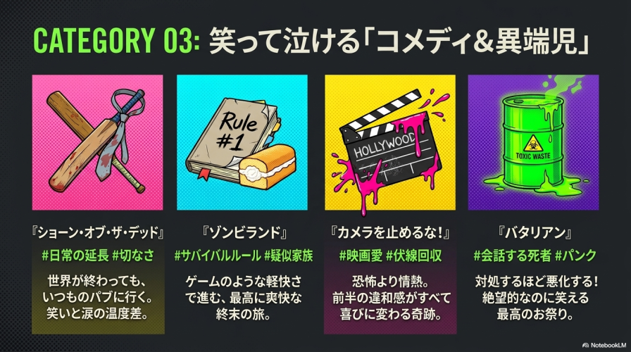 ショーン・オブ・ザ・デッド、ゾンビランド、カメラを止めるな！、バタリアンのコメディ＆異端児4作品の紹介スライド