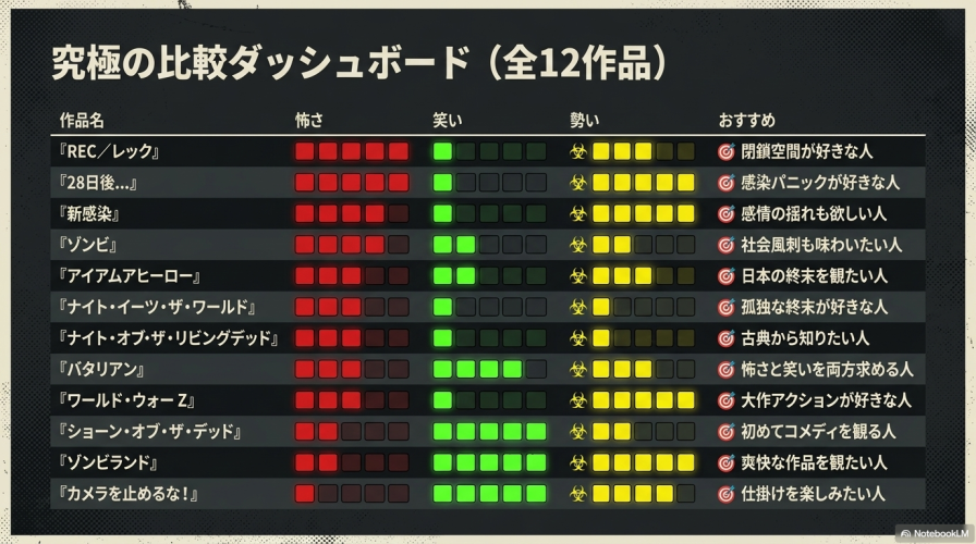 紹介したゾンビ映画全12作品を怖さ、笑い、勢いで比較し、向いている人を一覧表にしたダッシュボード