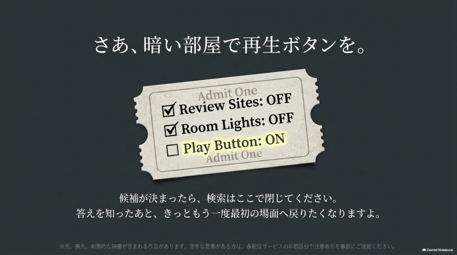 さあ、暗い部屋で再生ボタンを。Review Sites: OFF、Room Lights: OFF、Play Button: ON。候補が決まったら検索は閉じて、再生をお楽しみください。